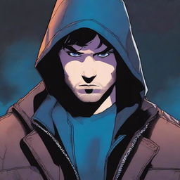 A comic-style illustration of a 25-year-old man with blue eyes and brunette hair, wearing a hooded leather jacket