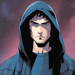 A comic-style illustration of a 23-year-old man with blue eyes and brunette hair, wearing a hooded leather jacket