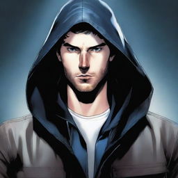 A comic-style illustration of a 23-year-old man with blue eyes and brunette hair, wearing a hooded leather jacket