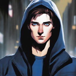 A comic-style illustration of a 23-year-old man with blue eyes and brunette hair, wearing a hooded leather jacket