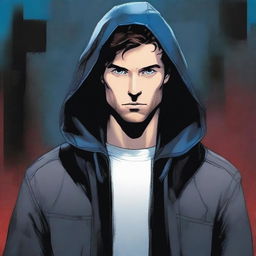 A comic-style illustration of a 23-year-old man with blue eyes and brunette hair, wearing a hooded leather jacket