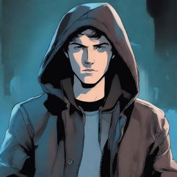 A comic-style illustration of a 23-year-old man with blue eyes and brunette hair, wearing a hooded leather jacket