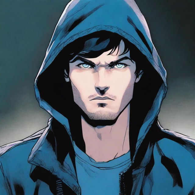 A comic-style illustration of a 23-year-old man with blue eyes and brunette hair, wearing a hooded leather jacket