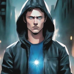 A comic-style illustration of a 23-year-old man with blue eyes and brunette hair, wearing a hooded leather jacket