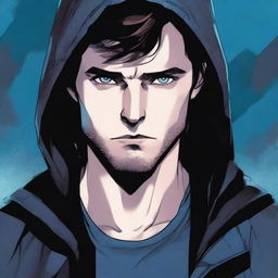 A comic-style illustration of a 23-year-old man with blue eyes and brunette hair, wearing a hooded leather jacket