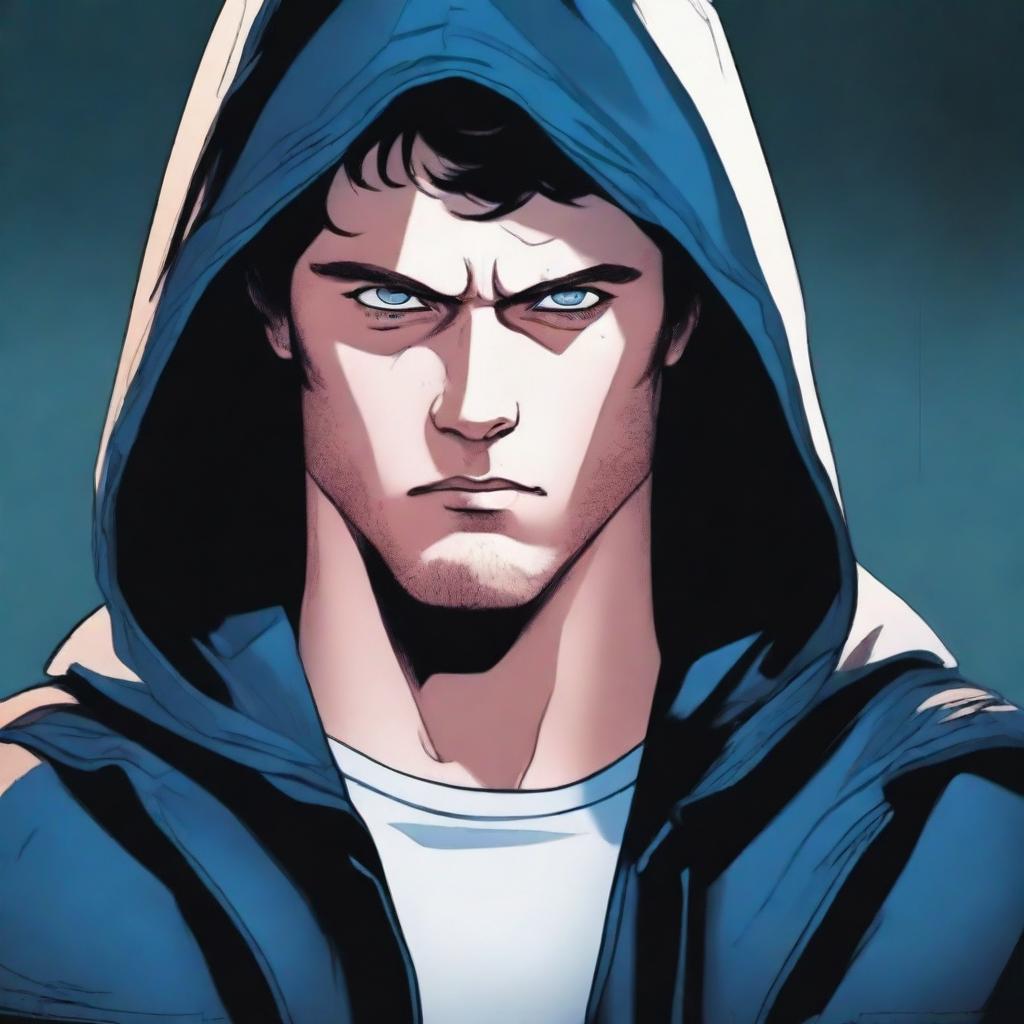 A comic-style illustration of a 23-year-old man with blue eyes and brunette hair, wearing a hooded leather jacket