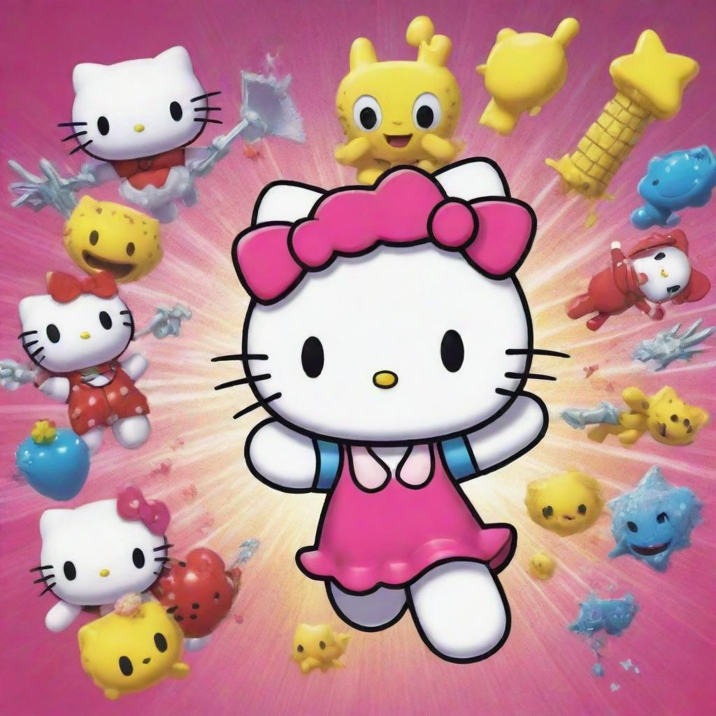 Hello Kitty in action, energetically fighting off villains from SpongeBob, rendered in a cartoon-like, vibrant style