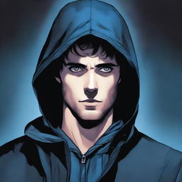 A comic-style illustration of a 23-year-old man with blue eyes and brunette hair, wearing a hooded leather jacket