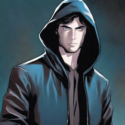 A comic-style illustration of a 23-year-old man with blue eyes and brunette hair, wearing a hooded leather jacket