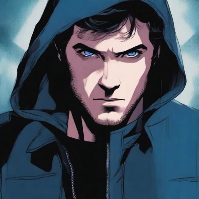 A comic-style illustration of a 23-year-old man with blue eyes and brunette hair, wearing a hooded leather jacket