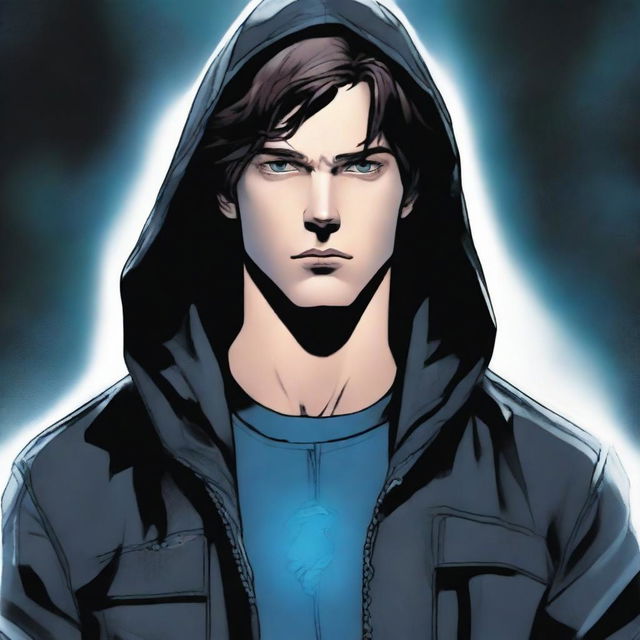 A comic-style illustration of a 23-year-old boy with blue eyes and brunette hair, wearing a hooded leather jacket