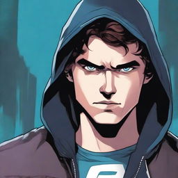 A comic-style illustration of a 23-year-old boy with blue eyes and brunette hair, wearing a hooded leather jacket