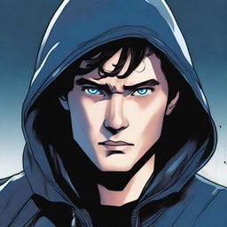 A comic-style illustration of a 23-year-old boy with blue eyes and brunette hair, wearing a hooded leather jacket