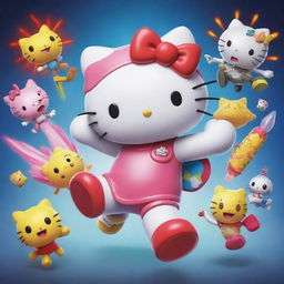 Hello Kitty in action, energetically fighting off villains from SpongeBob, rendered in a cartoon-like, vibrant style