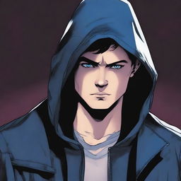 A comic-style illustration of a 23-year-old boy with blue eyes and brunette hair, wearing a hooded leather jacket