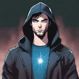 A comic-style illustration of a 23-year-old man with blue eyes and brunette hair, wearing a hooded leather jacket