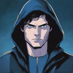 A comic-style illustration of a 23-year-old man with blue eyes and brunette hair, wearing a hooded leather jacket