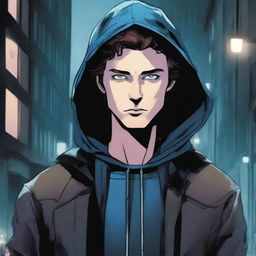 A comic-style illustration of a 23-year-old man with blue eyes and brunette hair, wearing a hooded leather jacket