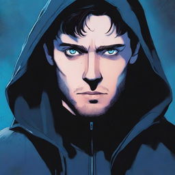 A comic-style illustration of a 23-year-old man with blue eyes and brunette hair, wearing a hooded leather jacket