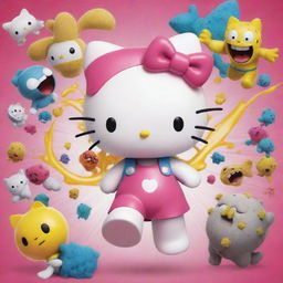 Hello Kitty in action, energetically fighting off villains from SpongeBob, rendered in a cartoon-like, vibrant style