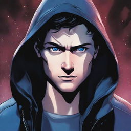 A comic-style illustration of a 23-year-old man with blue eyes and brunette hair, wearing a hooded leather jacket