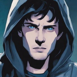 A comic-style illustration of a 23-year-old man with blue eyes and brunette hair, wearing a hooded leather jacket