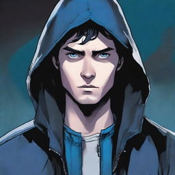 A comic-style illustration of a 23-year-old man with blue eyes and brunette hair, wearing a hooded leather jacket