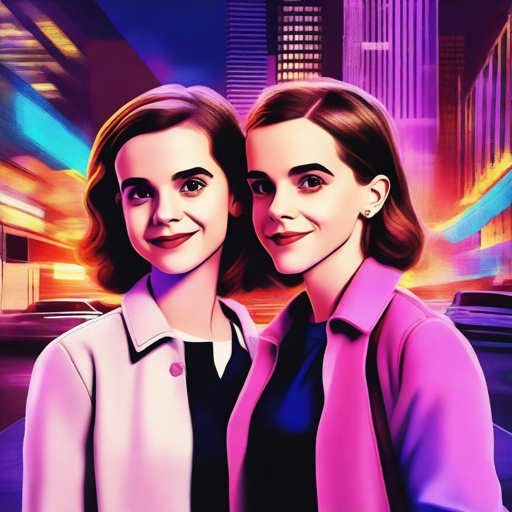 A digital art piece featuring Emma Watson and Millie Bobby Brown standing together, both smiling and looking stylish