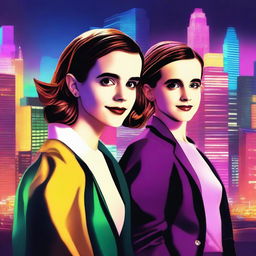 A digital art piece featuring Emma Watson and Millie Bobby Brown standing together, both smiling and looking stylish