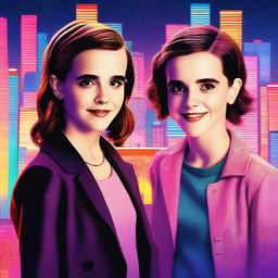 A digital art piece featuring Emma Watson and Millie Bobby Brown standing together, both smiling and looking stylish