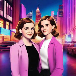 A digital art piece featuring Emma Watson and Millie Bobby Brown standing together, both smiling and looking stylish