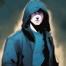 A comic-style illustration of a 23-year-old young man with blue eyes and brunette hair, wearing a hooded leather jacket