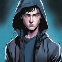 A comic-style illustration of a 23-year-old young man with blue eyes and brunette hair, wearing a hooded leather jacket