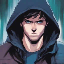 A comic-style illustration of a 23-year-old young man with blue eyes and brunette hair, wearing a hooded leather jacket