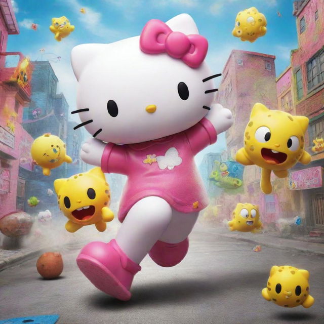 Hello Kitty in action, energetically fighting off villains from SpongeBob, rendered in a cartoon-like, vibrant style