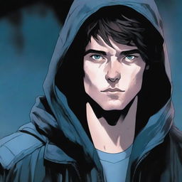 A comic-style illustration of a 23-year-old young man with blue eyes and brunette hair, wearing a hooded leather jacket