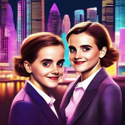 A digital art piece featuring Emma Watson and Millie Bobby Brown standing together, both smiling and looking stylish