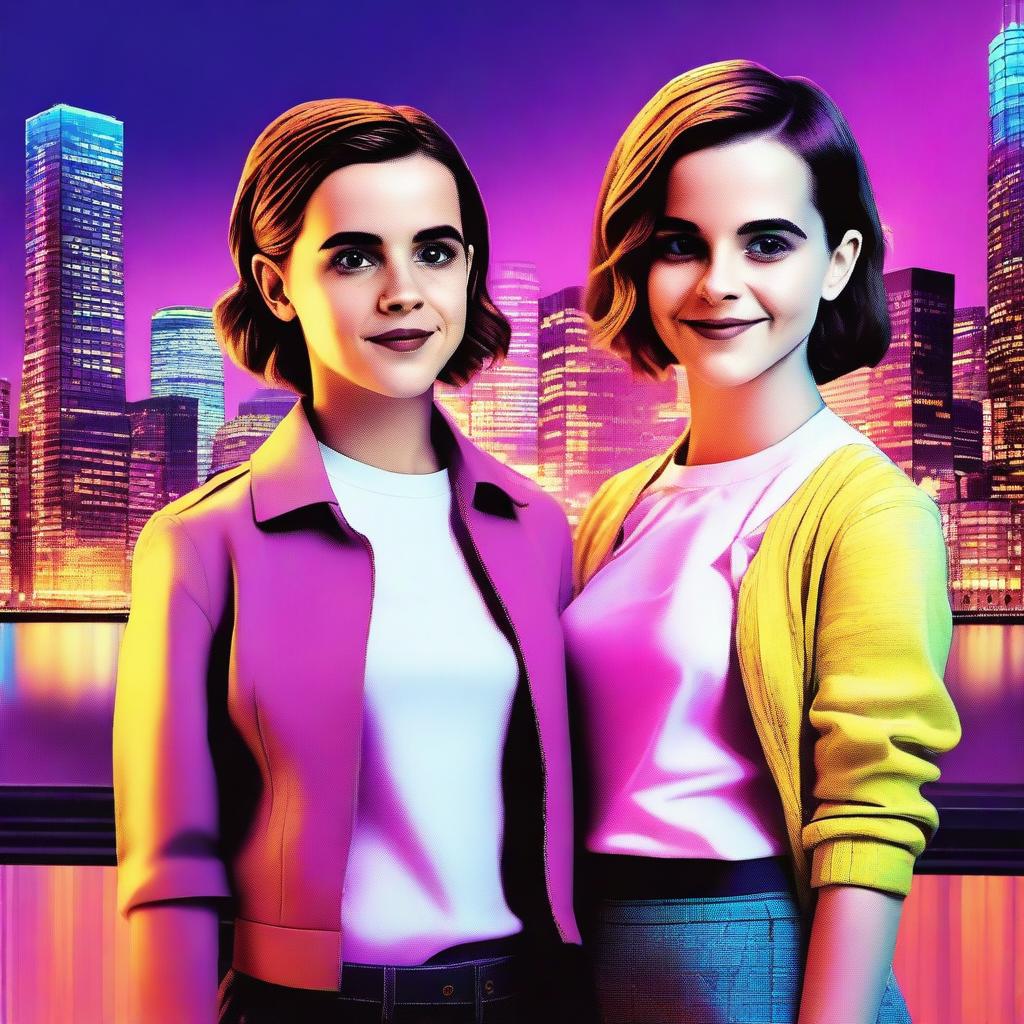 A digital art piece featuring Emma Watson and Millie Bobby Brown standing together, both smiling and looking stylish