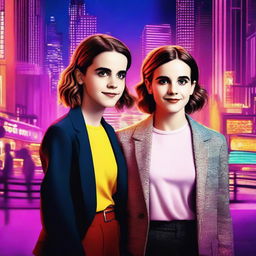 A digital art piece featuring Emma Watson and Millie Bobby Brown standing together, both smiling and looking stylish