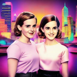 A digital art piece featuring Emma Watson and Millie Bobby Brown standing together, both smiling and looking stylish