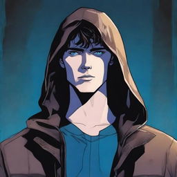 A comic-style illustration of a 23-year-old young man with blue eyes and brunette hair, wearing a hooded leather jacket