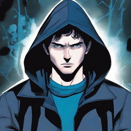 A comic-style illustration of a 23-year-old young man with blue eyes and brunette hair, wearing a hooded leather jacket