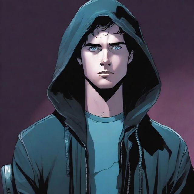 A comic-style illustration of a 23-year-old young man with blue eyes and brunette hair, wearing a hooded leather jacket