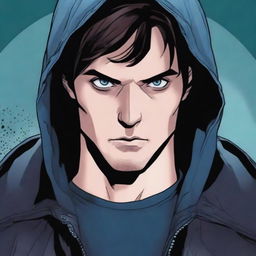 A comic-style illustration of a 23-year-old young man with blue eyes and brunette hair, wearing a hooded leather jacket