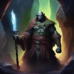 A fearsome half-orc warlock standing in a dark, mystical cave