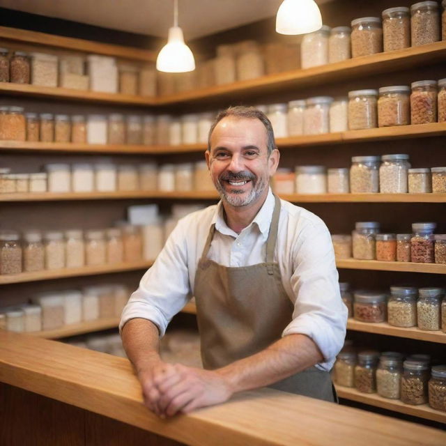 Imagine a cheerful shopkeeper behind the counter. His face brimming with happiness and satisfaction. Behind him, shelves are neatly stacked with goods. The warm glow from the shop and his welcoming stance radiate a joyful ambiance.