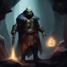 A fearsome half-orc warlock standing in a dark, mystical cave