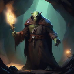 A fearsome half-orc warlock standing in a dark, mystical cave