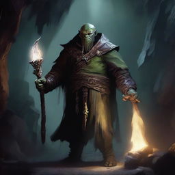 A fearsome half-orc warlock standing in a dark, mystical cave