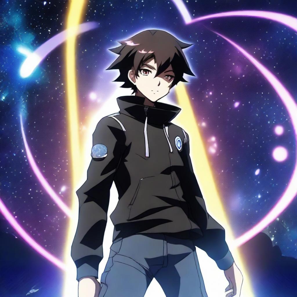 A stylish pose in space of a 19-year-old boy, Shadow from the anime 'Eminence in Shadow', in the scene where he says 'I am atomic'